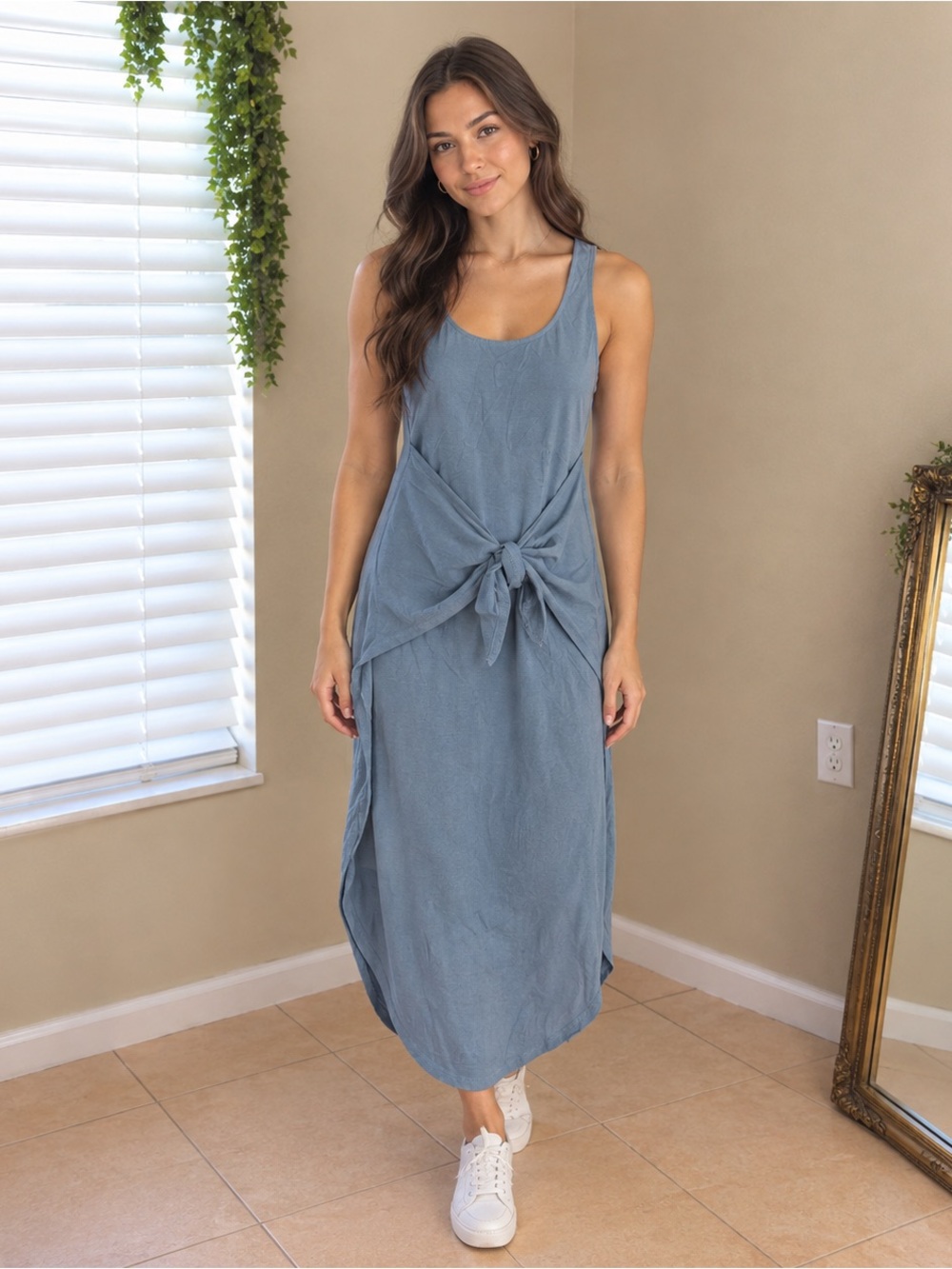 GB girls Sleeveless Knot-Front Midi Dress in Dusty Blue